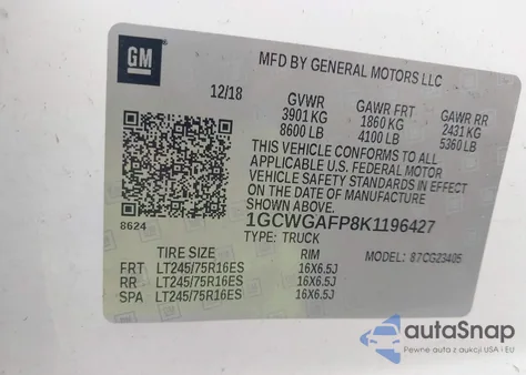 2019 Chevrolet Express 2500 Work Van из США, поврежденный, VIN 1GCWGAFP8K1196427